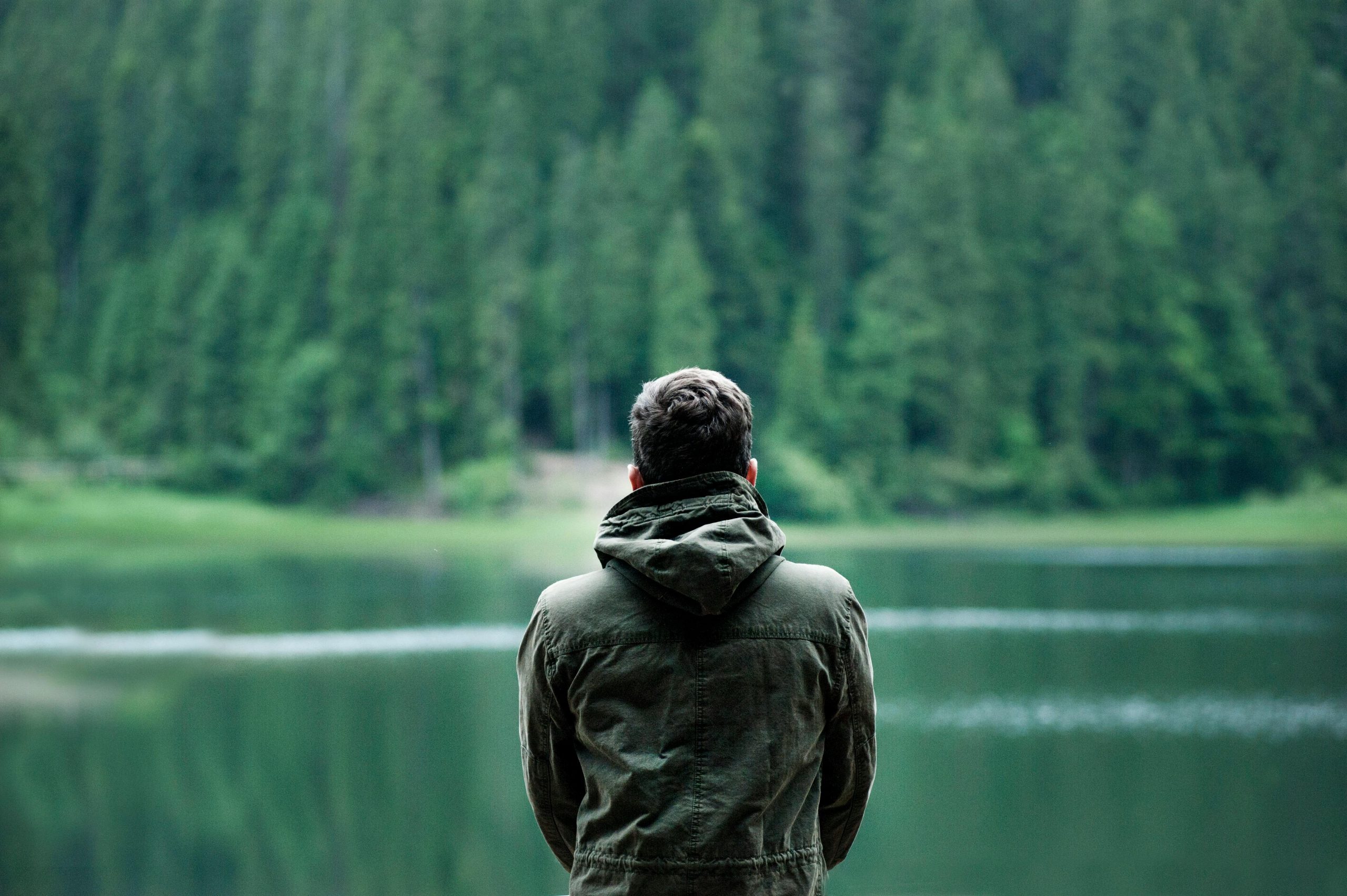 A person in a green jacket stands by a serene forest lake, capturing calming nature.