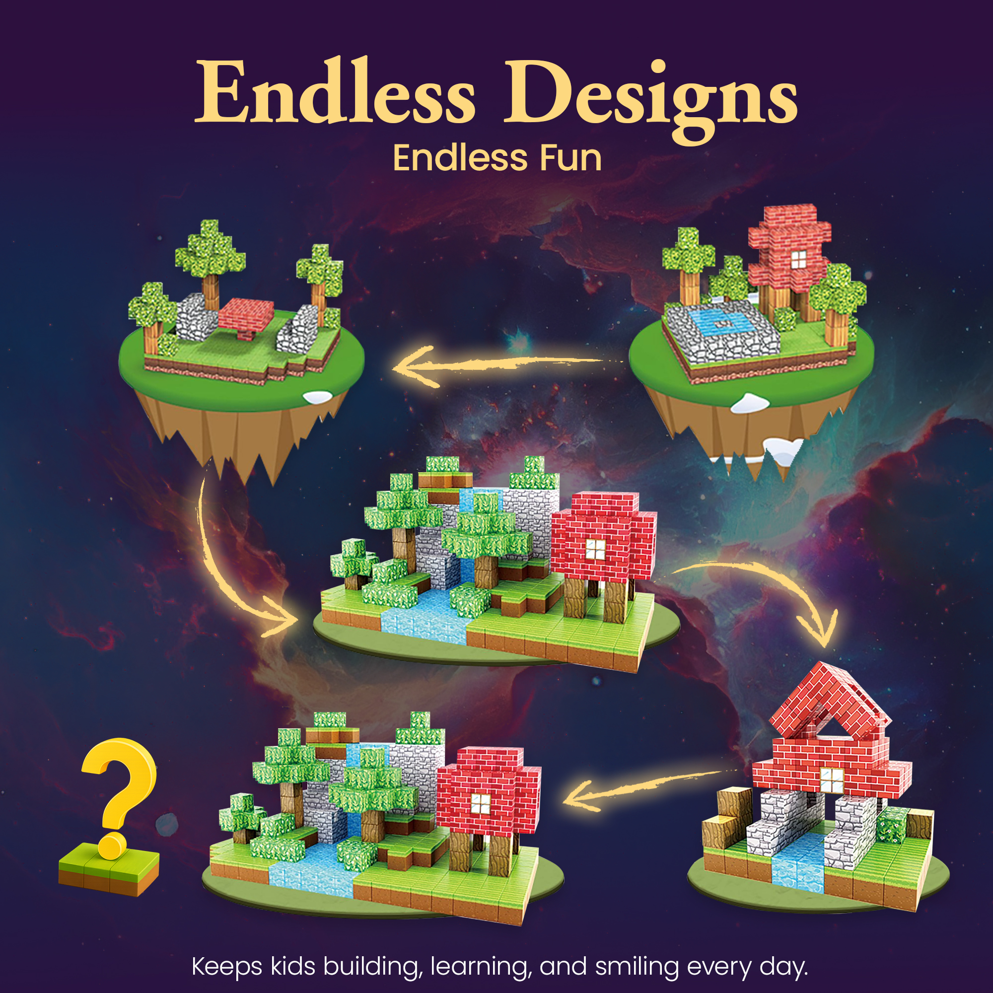 JoyNRoll magnetic cubes showing multiple imaginative build designs